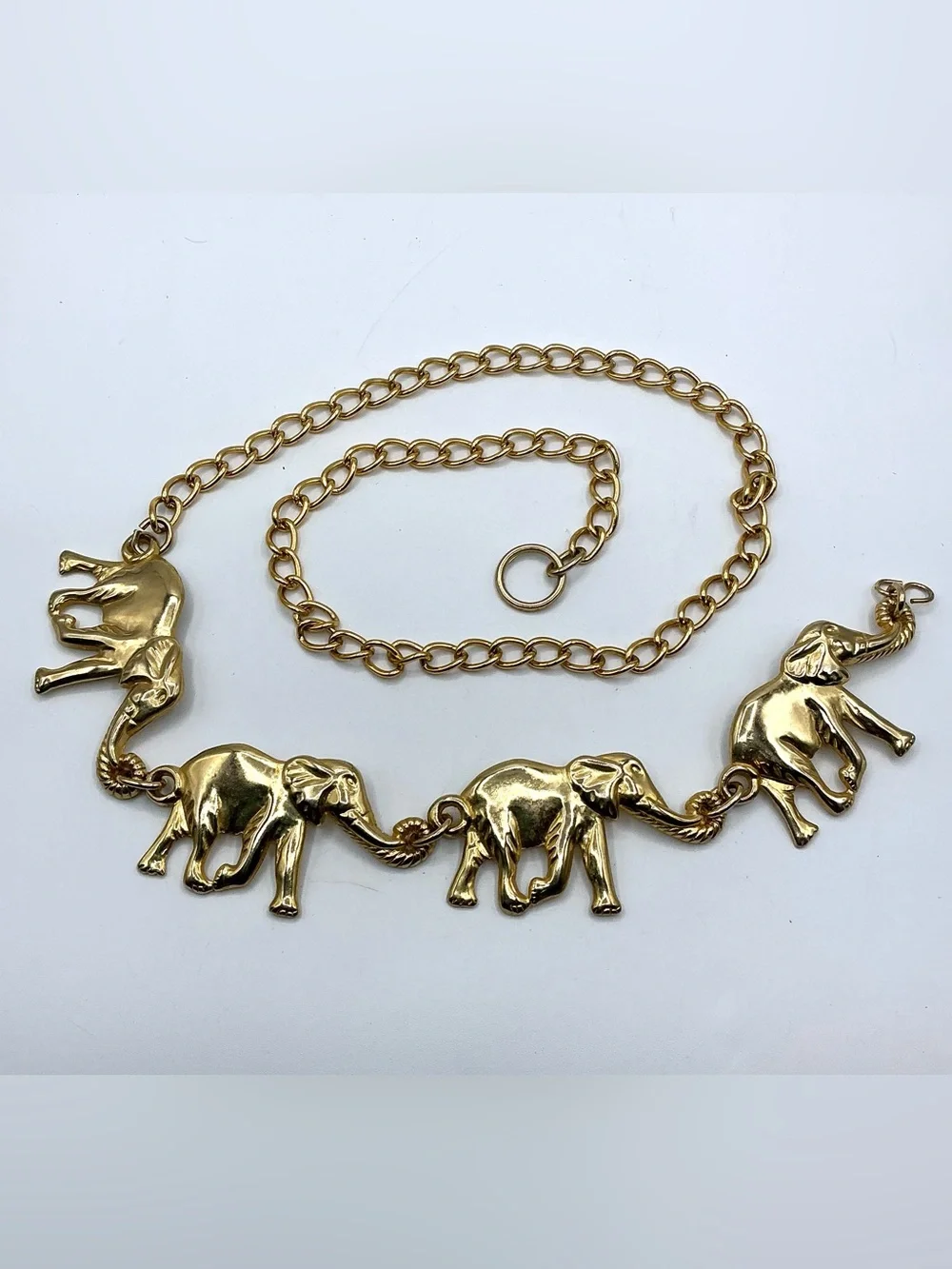 Vintage Gold Tone Metal Elephant Chain Link Adjustable Belt Fits up to 44”